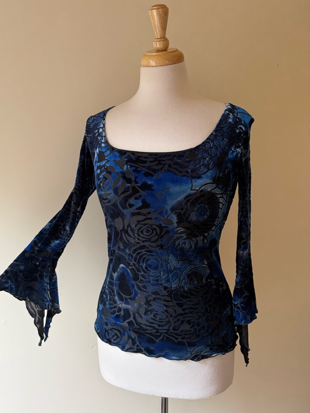 Y2K Blue Black Whimsigoth Velvet Burnout Rose Bell Sleeve Top Size S